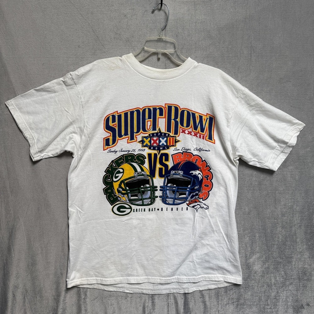 Vintage Green Bay Packers Denver Broncos Shirt Mens XL NFL Super Bowl Logo 7 90s